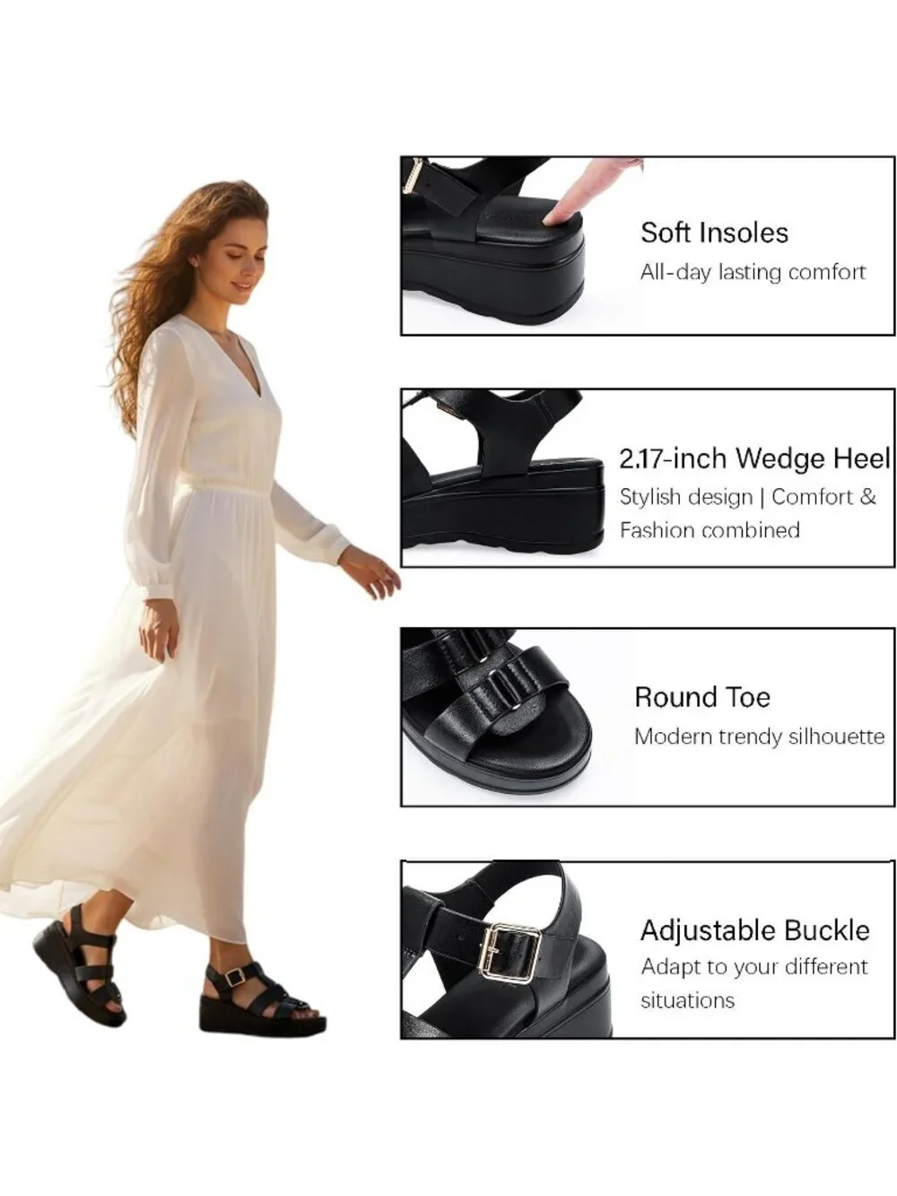Women's Black Adjustable Comfort Flat Chunky Soled Round Toe Wedge Sandal Shoes